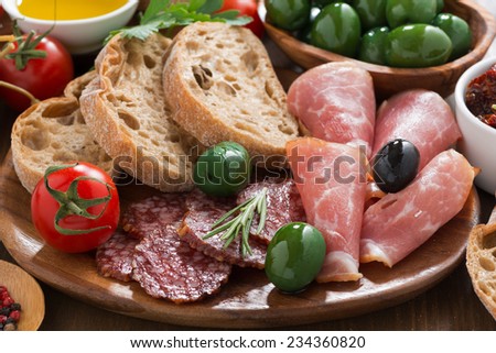 assorted Italian antipasti - deli meats, olives and bread, close-up