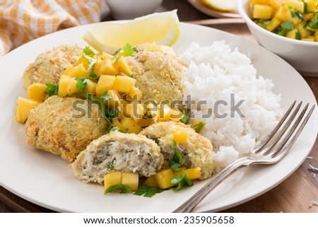 fish cakes with mango salsa and rice, close-up, horizontal