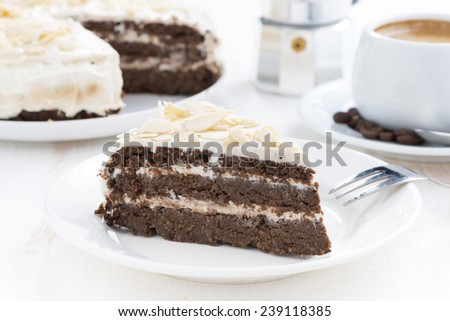 piece of chocolate cake with butter cream, close-up
