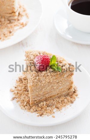 piece of cake with custard and raspberry, top view, vertical
