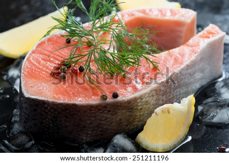 raw salmon steak with dill and lemon on ice, close-up, horizontal