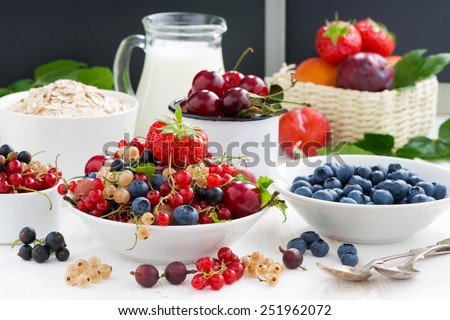 fresh berries, fruit, cereal and milk for breakfast, horizontal, close-up