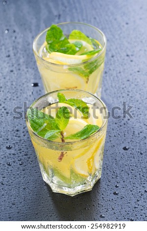 Fresh lemonade with mint in glasses on a dark background, top view, vertical