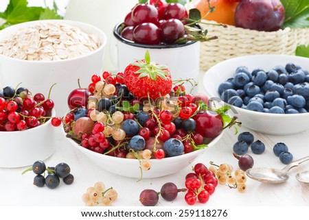 fresh berries, fruit, cereal and milk for breakfast, close-up