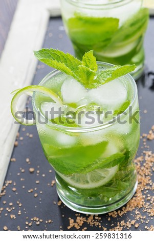 Fresh mojito cocktail, top view, vertical