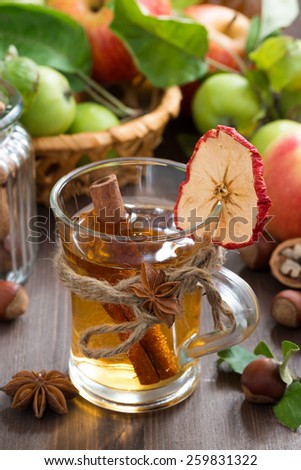 apple cider with spices in glass mug on wooden table, vertical