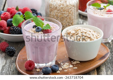 berry smoothie with oatmeal in a glass, horizontal