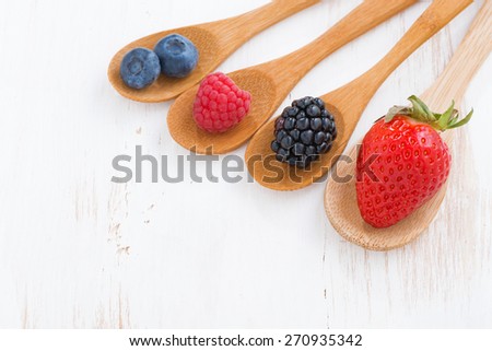 assortment of fresh berries in a wooden spoon on white wooden table, top view, horizontal