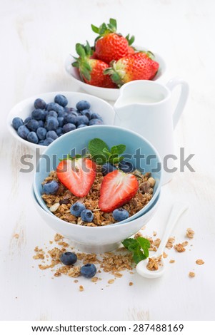 healthy food - granola, fresh berries and milk, vertical