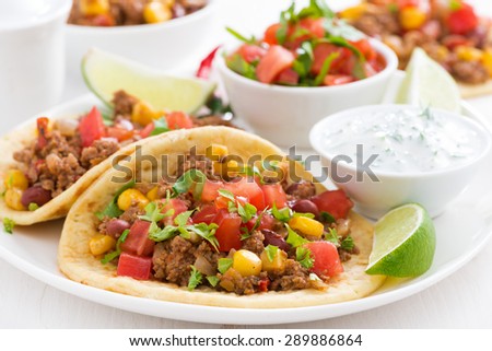 Mexican snack - tortilla with chili con carne and tomato salsa on a plate, close-up, horizontal