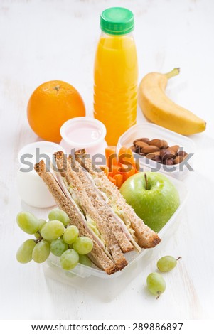 school lunch with sandwich, vertical, top view