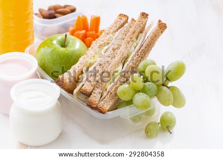 school lunch with sandwiches, fruit and yogurt, close-up, horizontal
