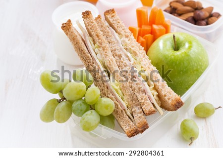 school lunch with sandwiches and fruit, top view, close-up, horizontal