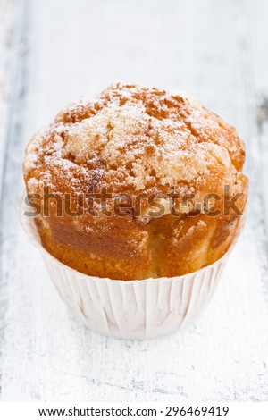 Apple muffin with icing sugar, closeup, vertical