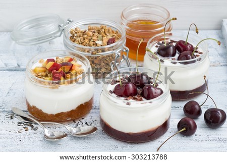 dessert with cream, cherry and peach jam, horizontal