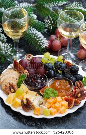 appetizers - cheeses, fruits and jams, vertical, top view