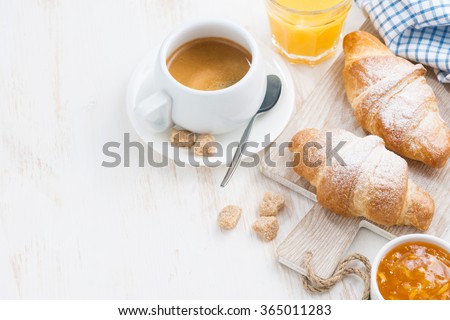 traditional breakfast with fresh croissants and white wooden background, top view, horizontal