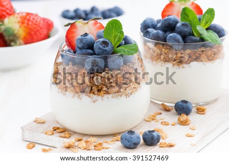 diet dessert with yogurt, muesli and fresh berries, close-up, horizontal