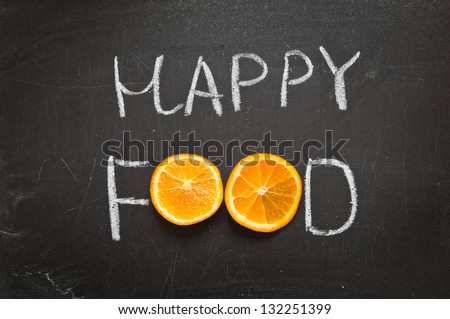 The concept HAPPY FOOD, an inscription on a board by hand chalk