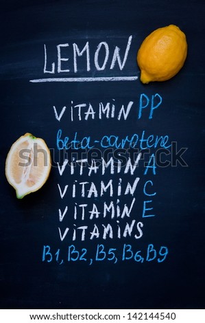 Lemon, it is written on a black board by chalk, with transfer of vitamins containing in it