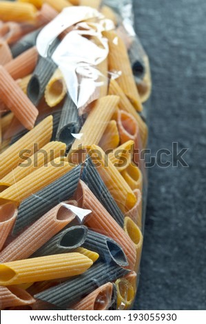 Colorful pasta in packing