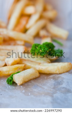 French fries with sauce on parchment close up