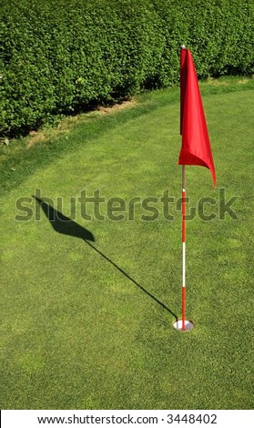 Flag stick and its shadow at hole of golf course