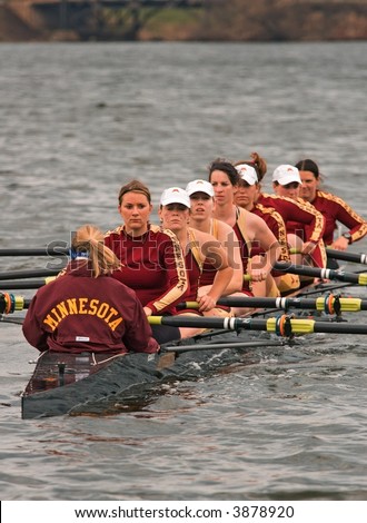 University of Minnesota Women\'s Rowing Team in the Water - waiting for race start - April 14, 2007 at Minnesota