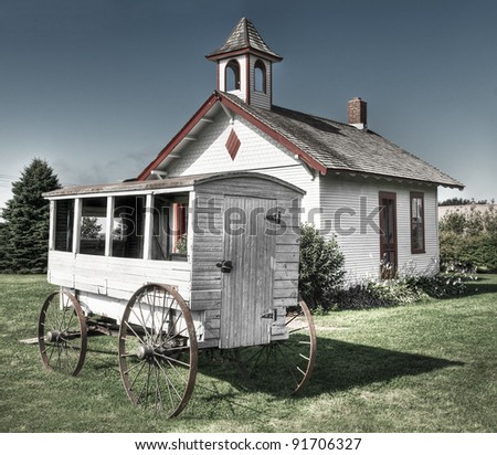 School Wagon in Front of One-Room Schoolhouse - faded for vintage feel