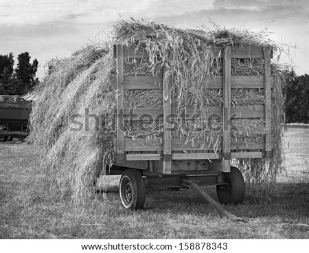 Antique Hay Wagon - black and white aged photo