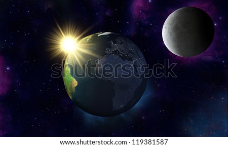 Earth sunrise from space with moon. Elements of this image furnished by NASA