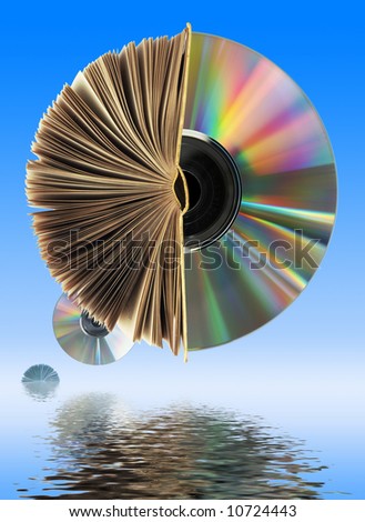 open book and CD-disk at sky background under ocean