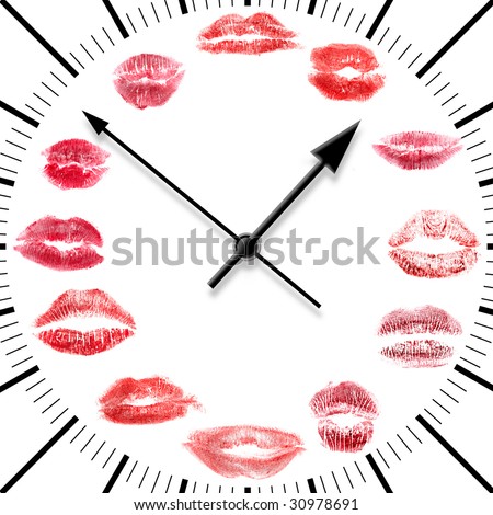 clock with print of female lips on a white background