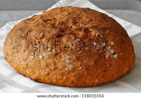 loaf of fresh bread with a crispy crust on a tablecloth