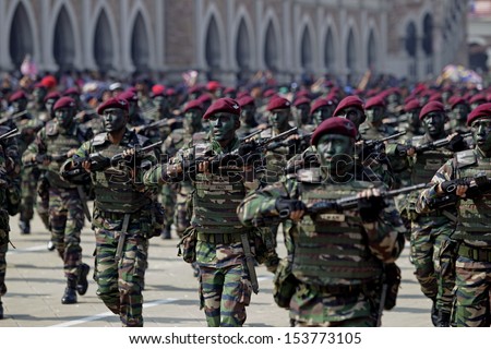 KUALA LUMPUR, MALAYSIA - AUGUST 31: Malaysian Armed Forces personnels from the Para Brigade takes part during the Independence Day celebration in Kuala Lumpur, Malaysia, 31 August 2013.