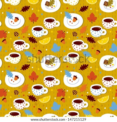 Cute tea seamless pattern with cups, plate, lemon, acorn, leaves and pine cone. Autumn color background.