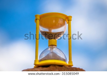 sand clock placed on a brick and shot outdoors against  blue sky