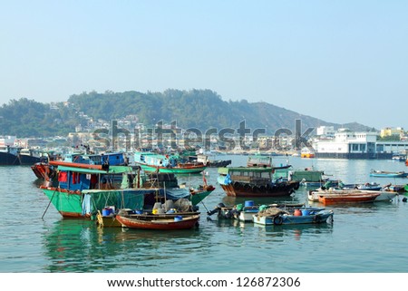 Cheung Chau sea view in Hong Kong, with fishing boats as background.