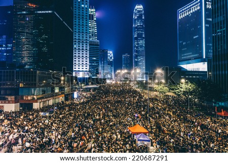 HONG KONG, SEPT 30: Crowd of protesters occupy the road in Admiralty on 30 September 2014. Hong Kong people are fighting for a real universal suffrage for the next chief executive election.