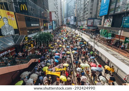 HONG KONG - JULY 1: Hong Kong people seek greater democracy as frustration grows over the influence of Beijing on July 1, 2015 in Hong Kong. Organizers of protest claimed a turnout of 48,000 people.