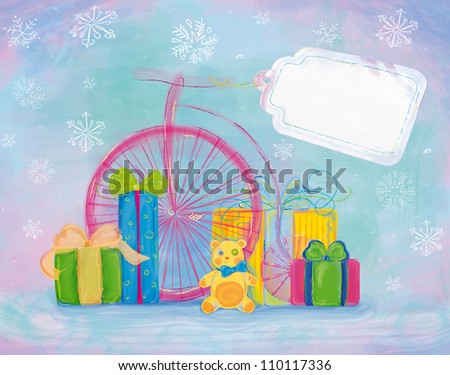 Gifts New Year. Picture with gifts for the new year with the bike, and greeting cards