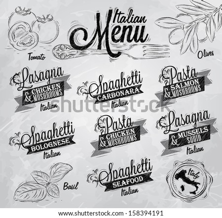 Menu Italian the names of dishes of spaghetti, lasagna, pasta carbonara, bolognese and other ingredients tomato, basil, olive to design a menu stylized drawing with coal  on a white blackboard.