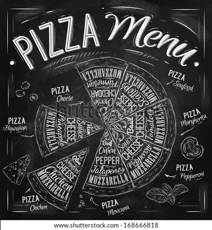 Pizza Menu The Names Of Dishes Of Pizza, Hawaiian, Cheese, Chicken, Pepperoni And Other Ingredients Tomato, Basil, Olive, Cheese To Design A Menu Stylized Drawing With Chalk. Vector