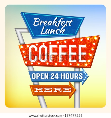 Retro Neon Sign Coffee and Breakfest lettering in the style of American roadside advertising vintage style 1950s Retro Neon Sign Coffee and Breakfest lettering in the style of American roadside advertising vintage style 1950s