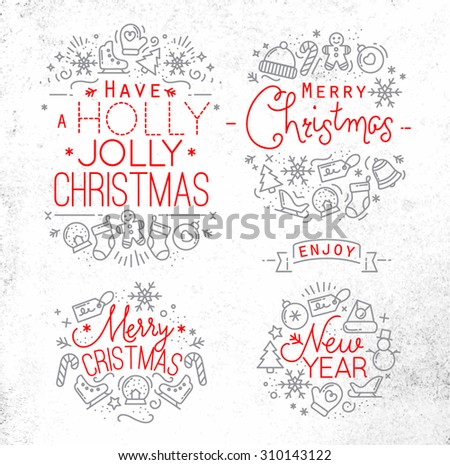 Christmas decorative elements for winter holidays in flat style,  drawing with grey and red lines on white background