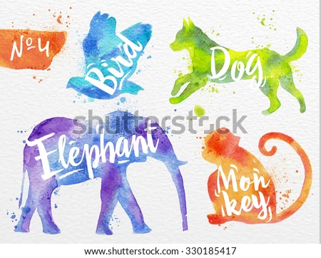 Silhouettes of animal bird, dog, monkey, elephant drawing color paint on background of watercolor paper