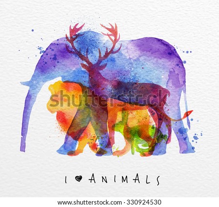 Color animals ,elephant, deer, lion, rabbit, drawing overprint on paper background lettering I love animals