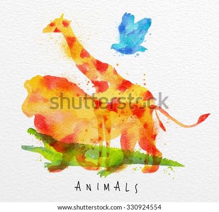 Color animals ,bird, giraffe, lion, crocodile, drawing overprint on watercolor paper background lettering animals