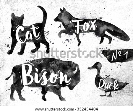 Silhouettes of animal cat, fox, bison, duck drawing black paint on background of dirty paper