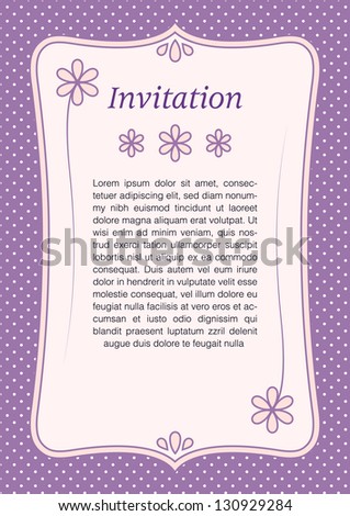 Vintage invitation with flowers and purple polka dotted background